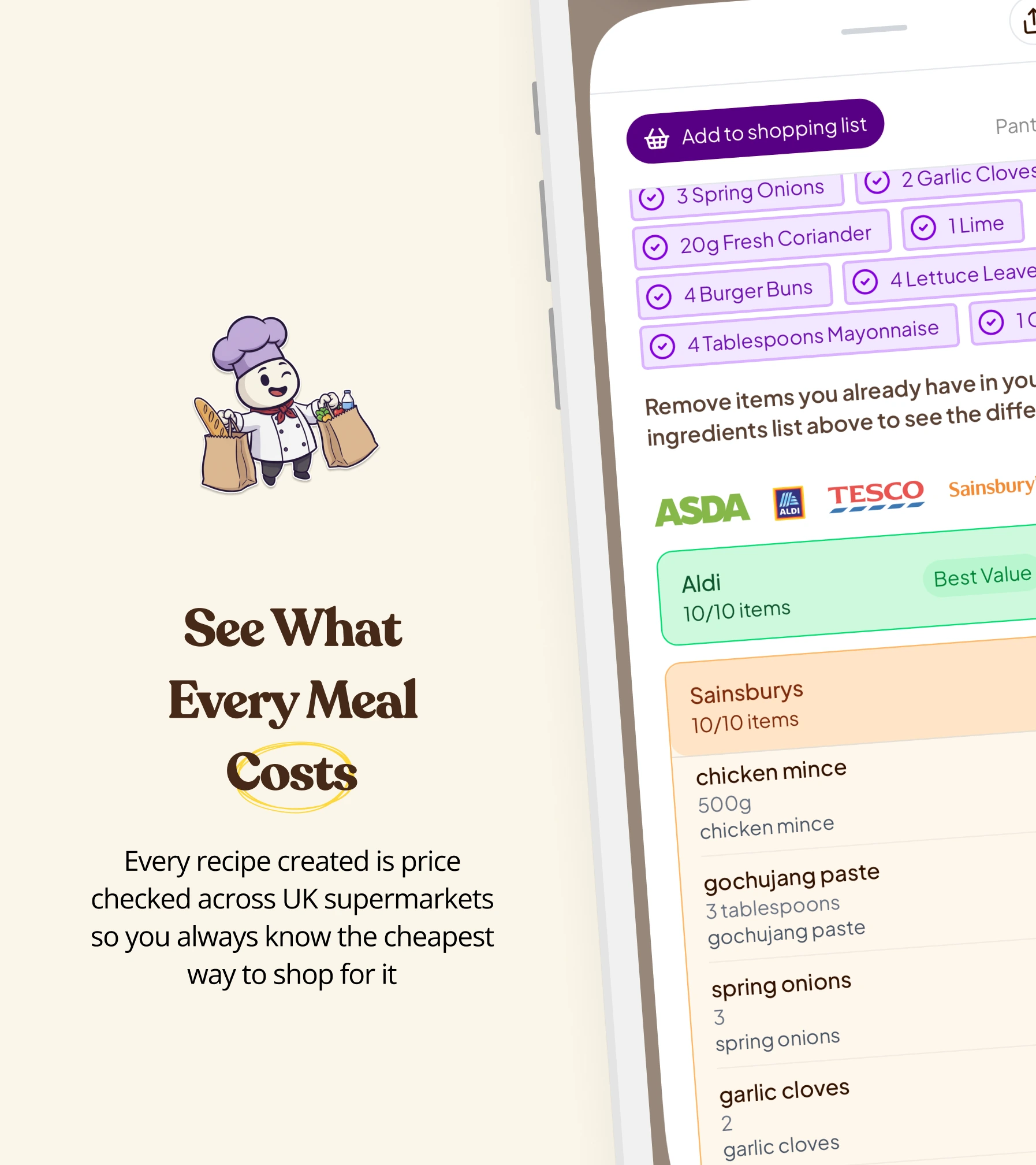 YoHugo mobile recipe card with ingredients